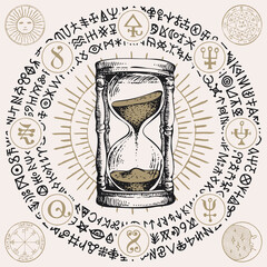 Hand-drawn hourglass with running sand inside in vintage style. Time and caducity of life concept. Vector banner with a sand clock, esoteric and magic symbols written in a circle. Glass timer.