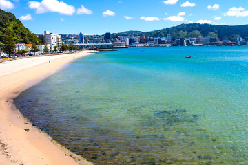Oriental Bay beach, Pacific ocean waterfront and cityscape of Wellington, capital of New Zealand. 