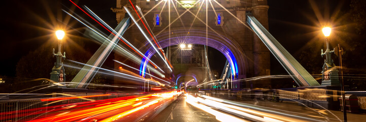 Fototapeta na wymiar Tower Bridge in London, United Kingdom. Long exposure and night shot. Web banner in panoramic view.