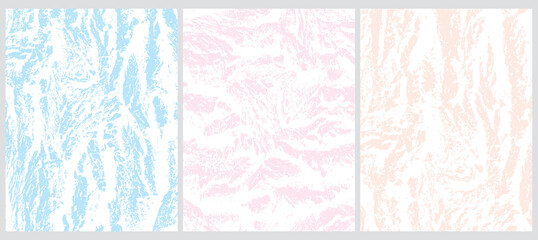Fototapeta premium Set of 3 Abstract Geometric Layouts. Irregular White Grunge Texture on a Light Pink, Pastel Blue and Light Cream Backgrounds. Funny Simple Creative Design. White Stains Vector Print.