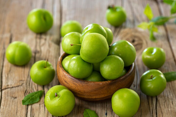 Close Up Of Green Plums Or Greengage In A Basket