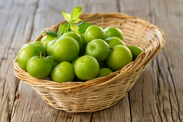 Close Up Of Green Plums Or Greengage In A Basket
