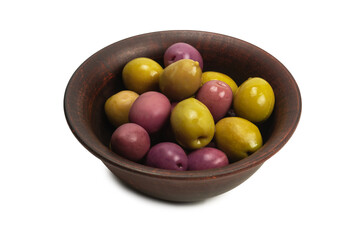 Olives in ceramic brown bowl isolated on white