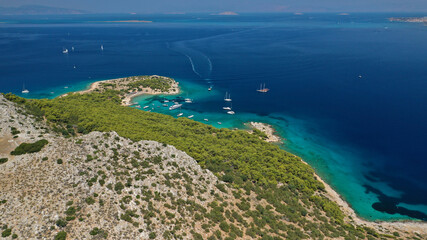Aerial drone photo of secluded paradise bay and small island of Moni with turquoise crystal clear...