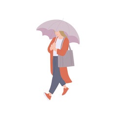 Woman with umbrella and bag walking in autumn casual clothes of urban style. Vector flat isolated character on a white background.