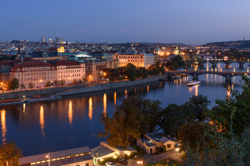 Night view of River Vltava and the old town of Prague, Czech Republic