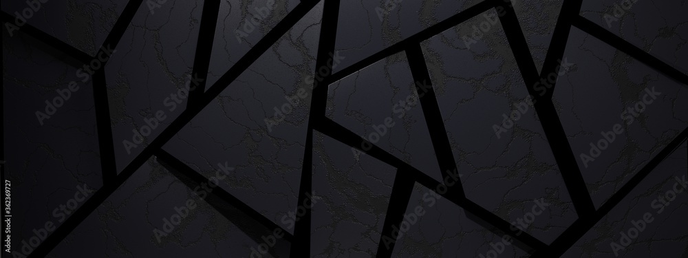 Poster abstract black background with textured slabs. 3d render / rendering
