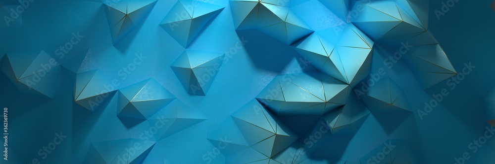 Poster abstract blue background with polygons and wire frame. 3d render / rendering