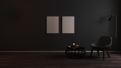 Blank frames mock up in luxury dark living room interior background with grey armchair in night light, luxury living room interior with empty picture frames, 3d rendering