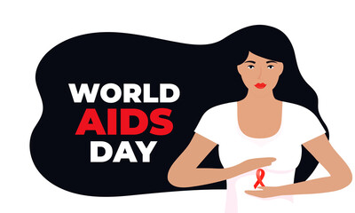 World Aids Day. A girl with long black hair holding a red satin ribbon