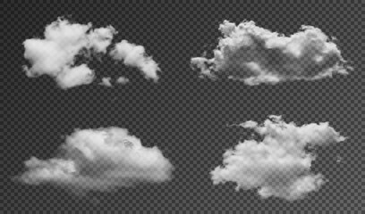 Realistic fluffy clouds isolated on transparent background. Set of transparent clouds with realistic texture, shine and sunlight effect
