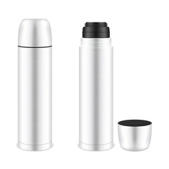 Thermoses white metal realistic mockups set. Insulating storage travel mugs, vacuum flasks, bottles.