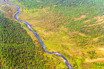 River valley in the mountains. Mountain rivers. Aerial view. Picturesque mountain landscape
