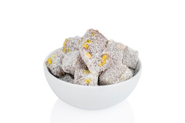 Turkish delight, pistachio delight in white bowl on background
