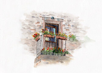 Watercolor illustration of an old house's balcony with wooden door, flower pots and lots of flowers