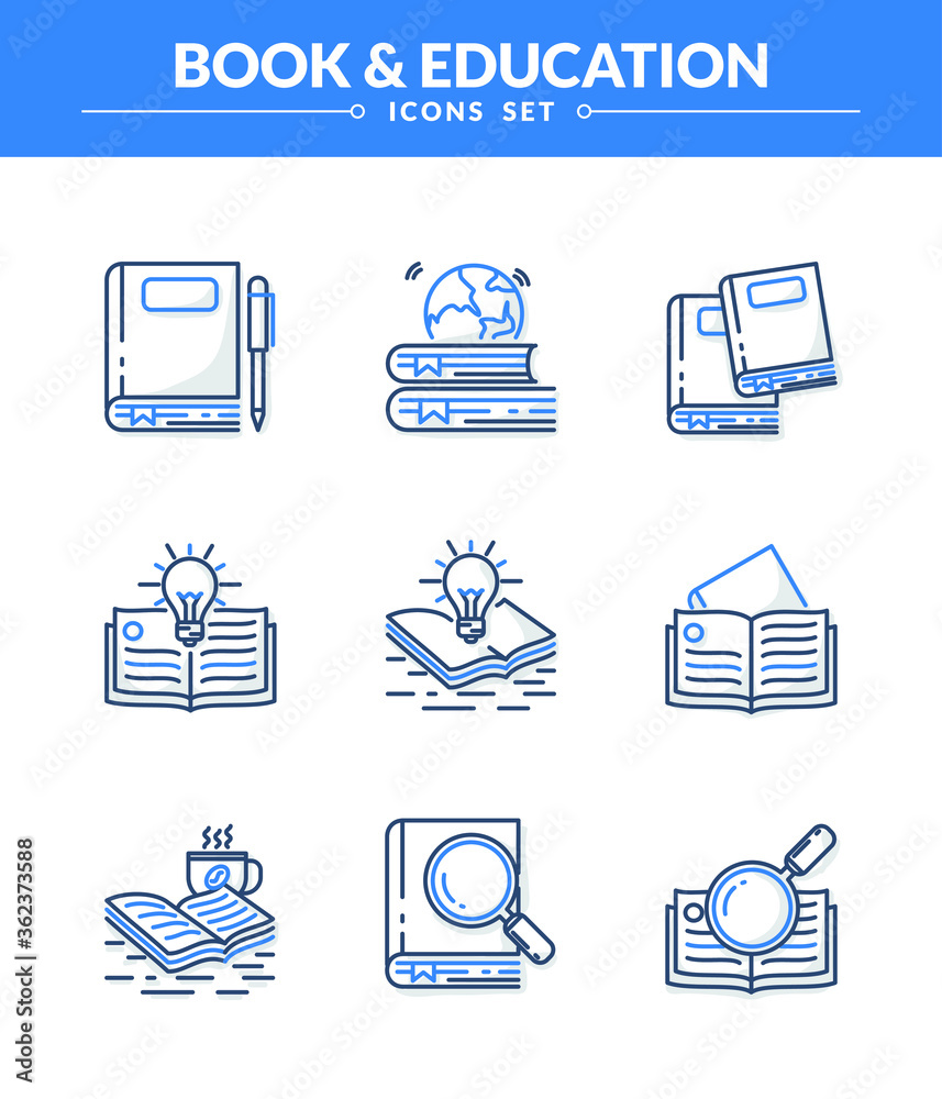 Fototapete Book and educational vector Icon set, with dual color and shadow, New and trendy linear pictogram pack. modern vector icon concept for web graphics
