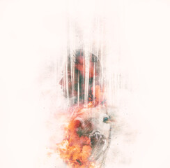 Double exposure portrait of a young thoughtful woman combined with photograph of deer in the woods...