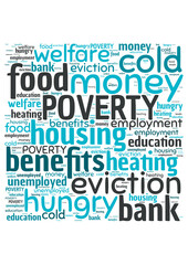 Illustration of a word cloud with words representing poverty