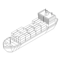 Heavy dry cargo ship of bulk carrier with freight containers. Wireframe low poly mesh vector illustration.