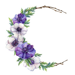 Naklejki  Watercolor hand drawn floral and branches circle shape illustration. Purple anemones flowers, sticks and leaves frame on white background