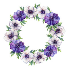 Naklejki  Watercolor hand drawn floral circle shape illustration. Purple anemones flowers and leaves frame on white background