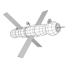 Space station communications satellite. Wireframe low poly mesh vector illustration.