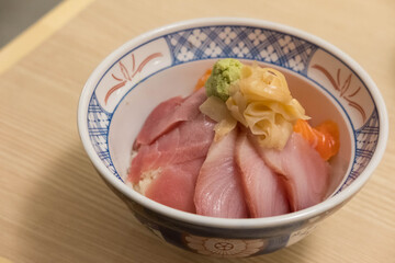 Sashimi rice bowl, served on the table