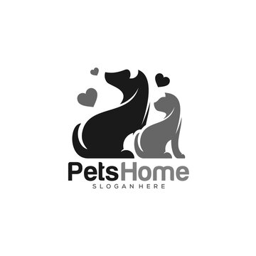 Pets Logo dog cat design vector template. Animals Veterinary clinic Logotype concept outline icon.
