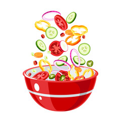 Food cooking. Making salad of raw sliced vegetables in red bowl. Kitchen utensil. Vector illustration cartoon flat icon isolated on white background.