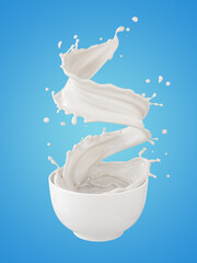 Pouring milk splash into white Bowl, 3d illustration.