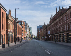 An empty streetscene of one of Central Manchester's busiest city centre streets taken during...