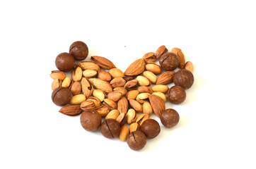 Set of nuts in a shape of heart on white background,photo ,snack