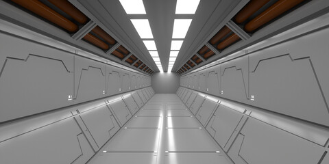 3d render. Futuristic spaceship scifi corridor architecture