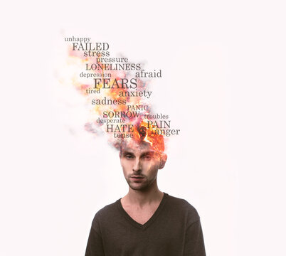 Head of man exploding and burning on fire from negative thoughts. Negative people emotions words concept. Mental health. Isolated on white background