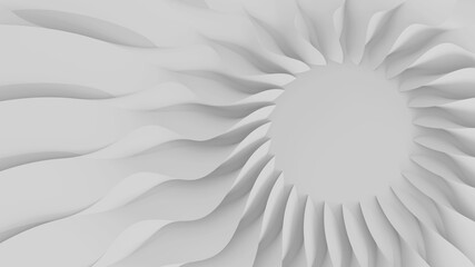 Modern abstract parametric three-dimensional background of a set of wavy swirling white three-dimensional petals converging in a cent. 3D illustration