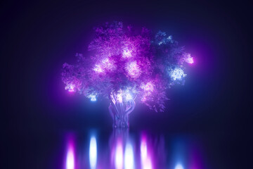 Abstract neon background, mystical space planet with tree sprouted on it in the light of pink blue ultraviolet light glowing toys suspended from tree branches, 3d illustration with copy space