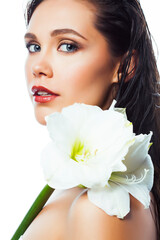 young pretty woman with Amarilis flower closeup isolated on white macro