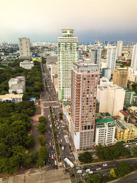 Manila, Philippines - July 2020: Aerial of buildings along Kalaw Avenue.