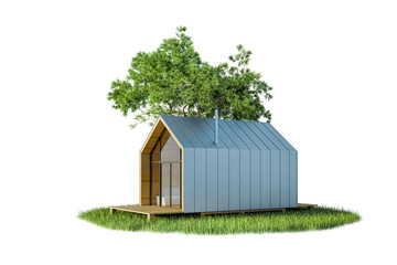 Project of a modern small wooden house in the Scandinavian style barnhouse, with a metal roof on an island of greenery with trees. On a white background, isolated, perspective view, 3D illustration
