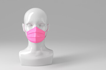 Medical concept, the concept of prohibition of freedom of speech. Women's shiny fashionable head in a medical mask colored on a pink background. 3D stock illustration.