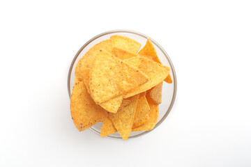 Crispy food for evening. Glass bowl with nachos on white background