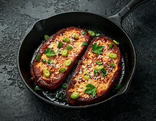 Parmesan cheese French Toast with spring onion on cast iron pan