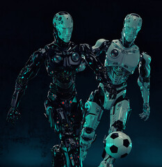Two robotic Soccer players in action, 3d rendering of black and white cyborg competitor football players