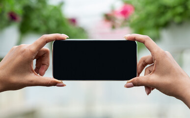 E-marketing and modern blog about plants. African american girl makes photo flowers on pots, in interior of orangery