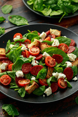 Chorizo Tomato salad with spinach, feta cheese and croutons. healthy summer food