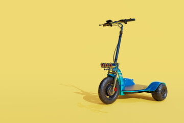 3d rendering of the blue three wheels electric scooter on pale yellow background. © icestylecg