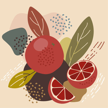 Abstract pastel colors fruit element memphis style. vector illustration of red blood orange on retro abstract background for organic food packaging, natural cosmetics, vegetarian, vegan products
