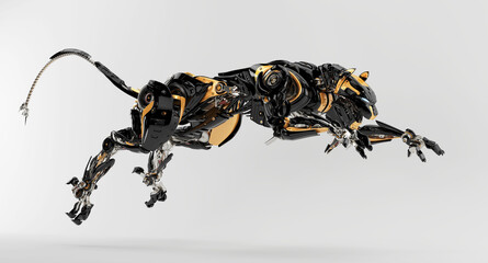 Futuristic hunting panther unit. Jumping black-orange cyber cat 3d rendering © Vladislav Ociacia