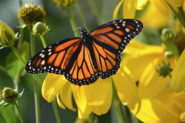 One bright orange Monarch Butterfly rests among the yellow sunflowers in the autumn.