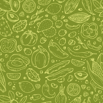 Mexican Food Vector Seamless pattern. Hand drawn doodle Fresh Fruits and Vegetables